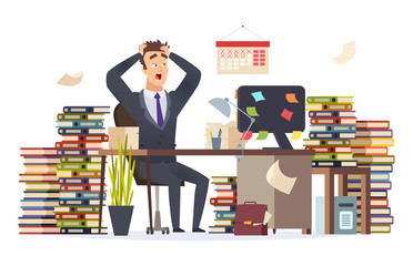 Sticker - Overworked businessman. Stressed frustrated director manager hard work sitting office table pile papers documents vector character. Illusstration of office employee busy and overworked