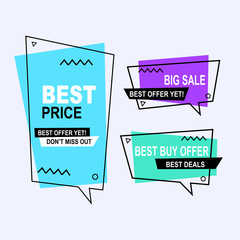 Sale banner collection, discount tag, special offer. Website stickers on a geometry memphis colorful abstract background, web design. Vector illustration.