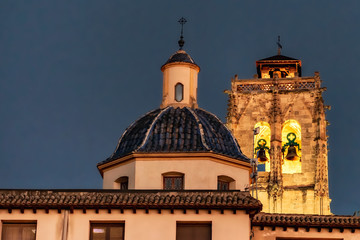 Canvas Print - Night view of church tower and dome of Santiago Apostol church in Orihuela, Spain.