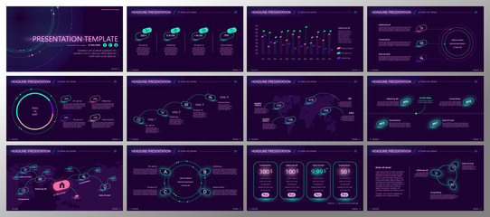 Presentation template. Gradient neon elements for slide presentations on a purple background. Use also as a flyer, brochure, corporate report, marketing, advertising, annual report, banner. Vector
