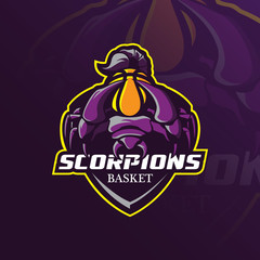 Wall Mural - scorpion mascot logo vector design with modern illustration concept style for badge, emblem and t shirt printing. scorpion illustration with basketball.