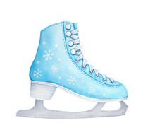 Pastel Blue Figure Ice Skate Decorated With Lovely Pattern Of Little Snowflakes. One Single Object, Side View. Handdrawn Water Colour Graphic Painting On White Background, Cutout Clipart Illustration.
