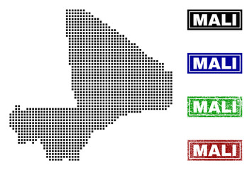 Vector dot abstract Mali map and isolated clean black, grunge red, blue, green stamp seals. Mali map label inside rough framed rectangles and with grunge rubber texture.