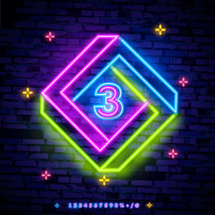 Number three symbol in a cheerful multi-colored frame neon sign vector. Third, Number three template neon icon, light banner, neon signboard, nightly bright advertising, light inscription. 