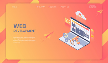 web development isometric concept, seo analysis system and modern web design, program and app develo