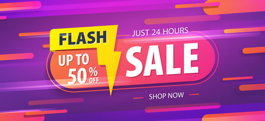 Wall Mural - Yellow pink tag Flash sale 24 hour 50 percent off promotion website banner heading design on graphic purple background vector for banner or poster. Sale and Discounts Concept.