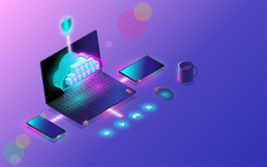Wall Mural - cloud database connect by smartphone, laptop, and tablet modern concept design, web server hosting, 