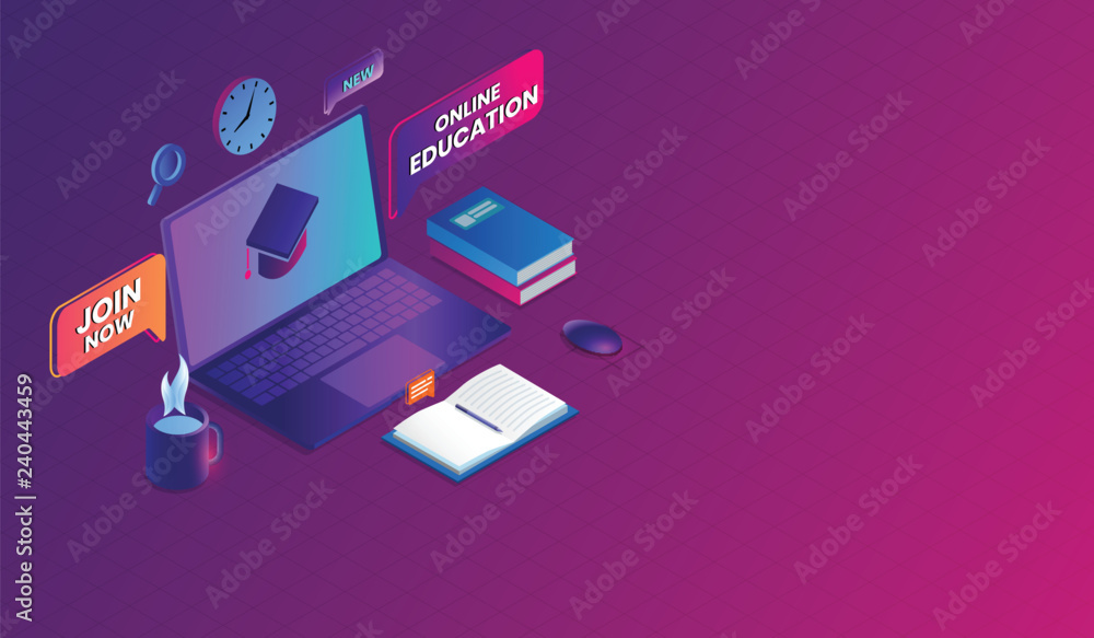 Vector Online Education with laptop Concept, e-learning, online ...