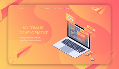 Wall Mural - software development isometric concept, web developer, programming language and program code vector.