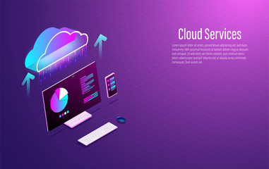 Wall Mural - cloud data storage 3d isometric smart modern technolodgy concept with smartphone and laptop. vector