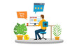 online shopping e-commerce man shop in front of computer screen to buy products online vector