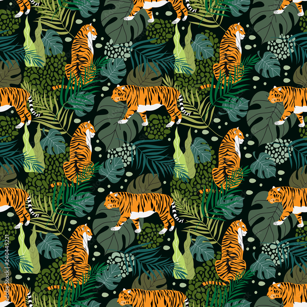 Seamless pattern with tigers and tropical leaves. Trendy style. Vector ...