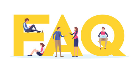 Frequently asked questions concept.  People's with big letter word. Flat cartoon miniature  illustration vector graphic on white background.
 landing page for website.