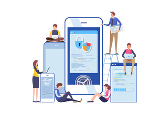 Wall Mural - programmer's working with smartphone application. flat cartoon miniature illustration vector graphic