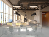 Fototapeta Przestrzenne - Unfinished project of country style coworking office interior. 3D Rendering