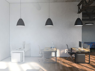 Side view of a white office of a company with a two large table, two computers standing on them. 3d rendering.