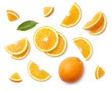 A Set Of Sliced Orange, Cut Out. Top View.