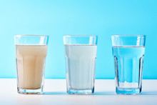 Water Filters. Concept Of Three Glasses On A White Blue Background. Household Filtration System.