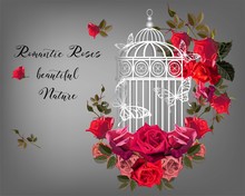 Romantic Floral Background With Roses , Cage  And Butterfly- Vector Illustration