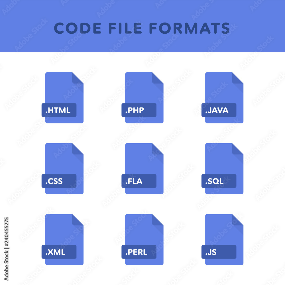 Set of code File Formats and Labels in flat icons style. Vector ...