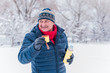 © T.Den_Team - Happy senior man at winter snowy day having fun. Life of pensioner man, positive lifestyle