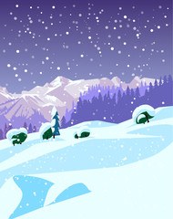 Wall Mural - Ski and snowboard recreation poster design. A winter mountain landscape. Vector illustration.