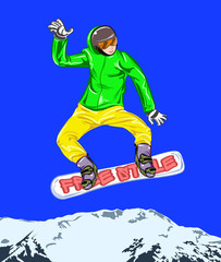 Wall Mural - Winter sport poster with male character on snowboard. Vector illustration.
