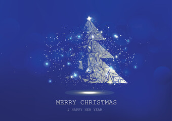 merry christmas, tree polygon, confetti, golden glowing particles scatter, poster, postcard blue lux