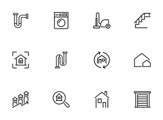 Sticker - House building line icon set. Set of line icon on white background. Home concept. Washing machine, door, stair. Vector illustration can be used for topics like engineering, power