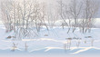 Winter landscape with snowdrifts and forest trees can be successfully used as a background image.