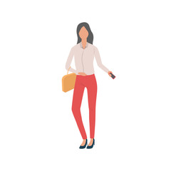 Canvas Print - Woman with smartphone flat icon. Girl, female, office look. People concept. Vector illustration can be used for topics like age, occupation, lifestyle