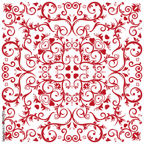 Floral ornament of fantasy flowers and hearts.