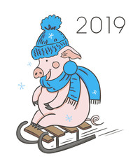 Sticker - Cute pink pig. Happy New Year. Chinese symbol of the 2019 year. Excellent festive gift card. Vector illustration on white background.