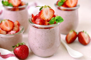 Wall Mural - Homemade strawberry mousse in a vintage glass jar.