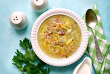 Cabbage Soup ( Shchi ) With Chicken.Top View With Copy Space.