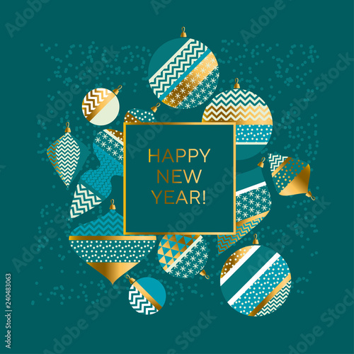 New Year banner with Christmas tree ornaments