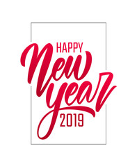 Red Hand drawn brush type lettering of Happy New Year 2019 isolated on white background.