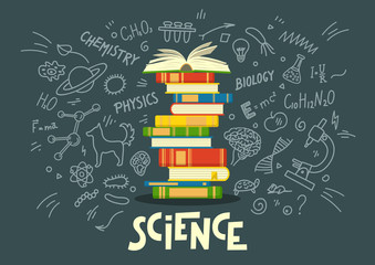 Wall Mural - Stack of books with science education doodles 