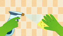 Spring Cleaning, Hands In Green Gloves With Spray And Sponge Wash The Yellow Wall Tiles. Flat Vector Illustration With Noise And Texture, Marble Textured Background.