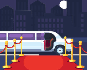 Empty red event carpet with rope barrier. Luxury ride limousine with opened door on cityscape background. Celebrity arrival, vip party and famous guest welcome template. Flat vector illustration