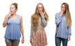© Krakenimages.com - Collage of group of blonde women over isolated background bored yawning tired covering mouth with hand. Restless and sleepiness.