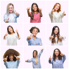 Sticker - Collage of young women over pink isolated background approving doing positive gesture with hand, thumbs up smiling and happy for success. Looking at the camera, winner gesture.