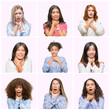 © Krakenimages.com - Collage of young women over pink isolated background shouting and suffocate because painful strangle. Health problem. Asphyxiate and suicide concept.