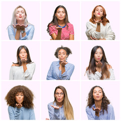 Wall Mural - Collage of young women over pink isolated background looking at the camera blowing a kiss with hand on air being lovely and sexy. Love expression.