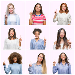 Poster - Collage of young women over pink isolated background showing and pointing up with finger number one while smiling confident and happy.