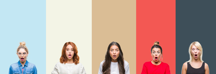 Poster - Collage of group of beautiful casual woman over vintage autumn colors isolated background afraid and shocked with surprise expression, fear and excited face.