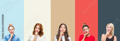 Fotografie, Obraz Collage of group of beautiful casual woman over vintage autumn colors isolated background with hand on chin thinking about question, pensive expression