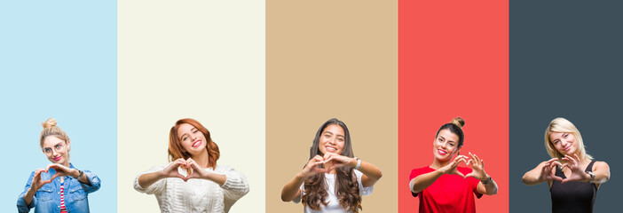 Poster - Collage of group of beautiful casual woman over vintage autumn colors isolated background smiling in love showing heart symbol and shape with hands. Romantic concept.