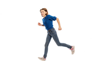 Running cute teen girl, isolated on white background