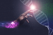 Close Up Of Man Touching DNA Molecule And Nebula Dust. Mixed Media.